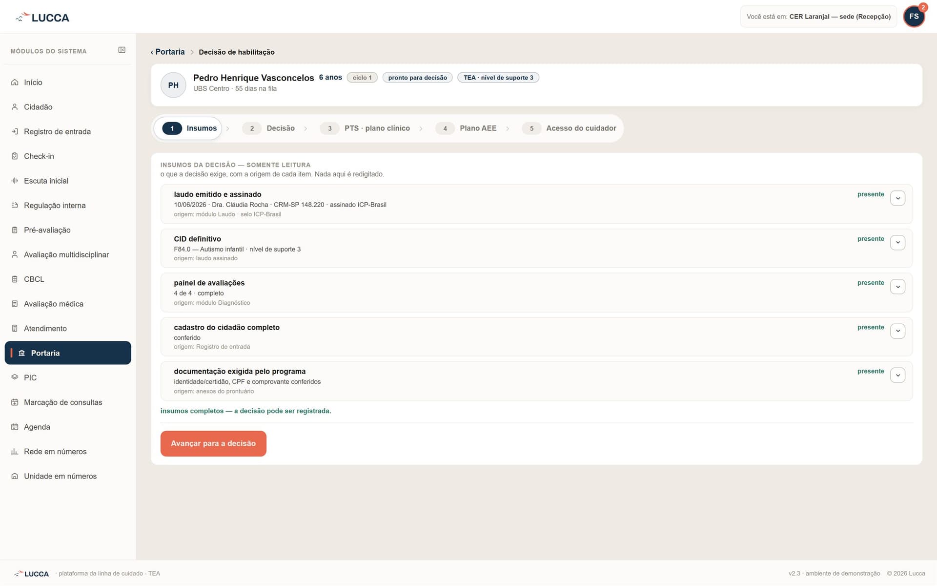 Tela da Portaria, etapa Insumos: laudo assinado, CID definitivo, painel de avaliações e cadastro conferido, cada um com a origem registrada e sem redigitar nada
