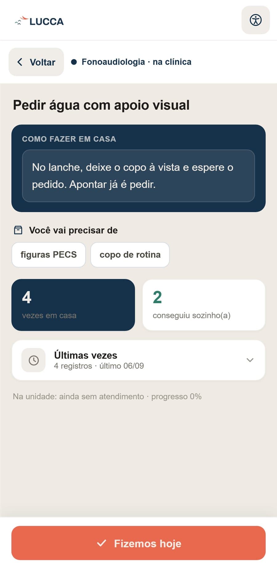 App da família: atividade de fonoaudiologia com o passo a passo para casa, materiais e o botão Fizemos hoje