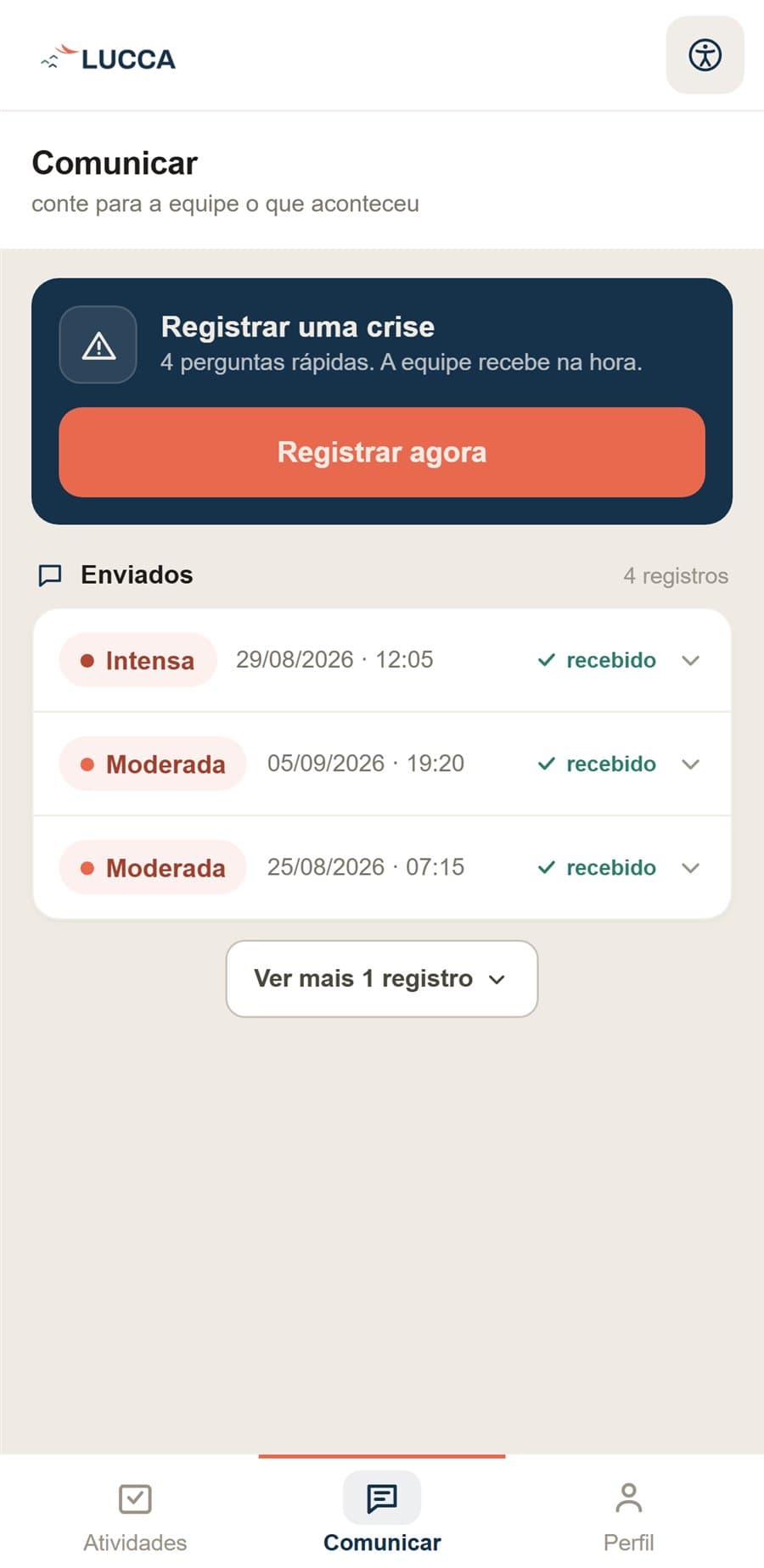 App da família: tela Comunicar com o atalho Registrar uma crise e os registros enviados